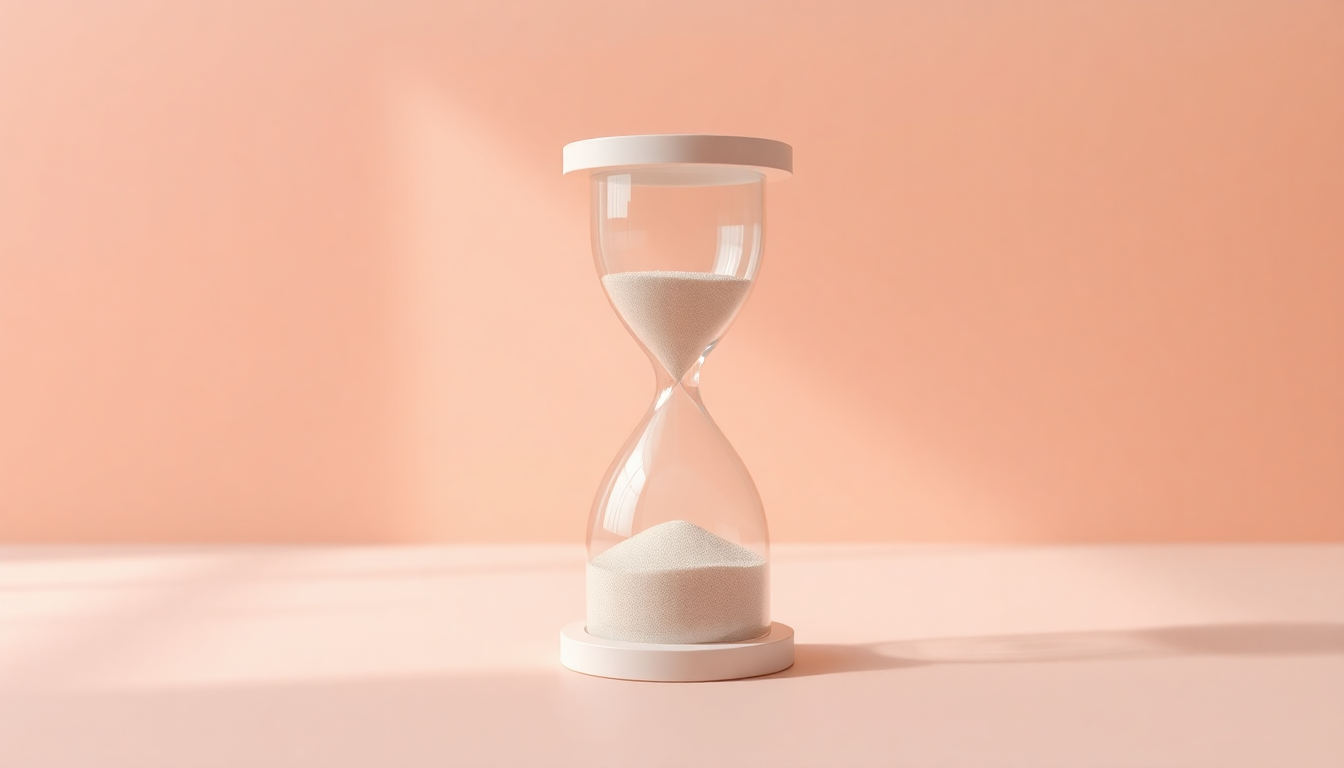 현금서비스 연체이자의 위험성을 상징하는 모래시계와 시간 압박을 부드러운 매트 플라스틱 질감과 파스텔톤 배경으로 현대적이고 세련되게 표현
