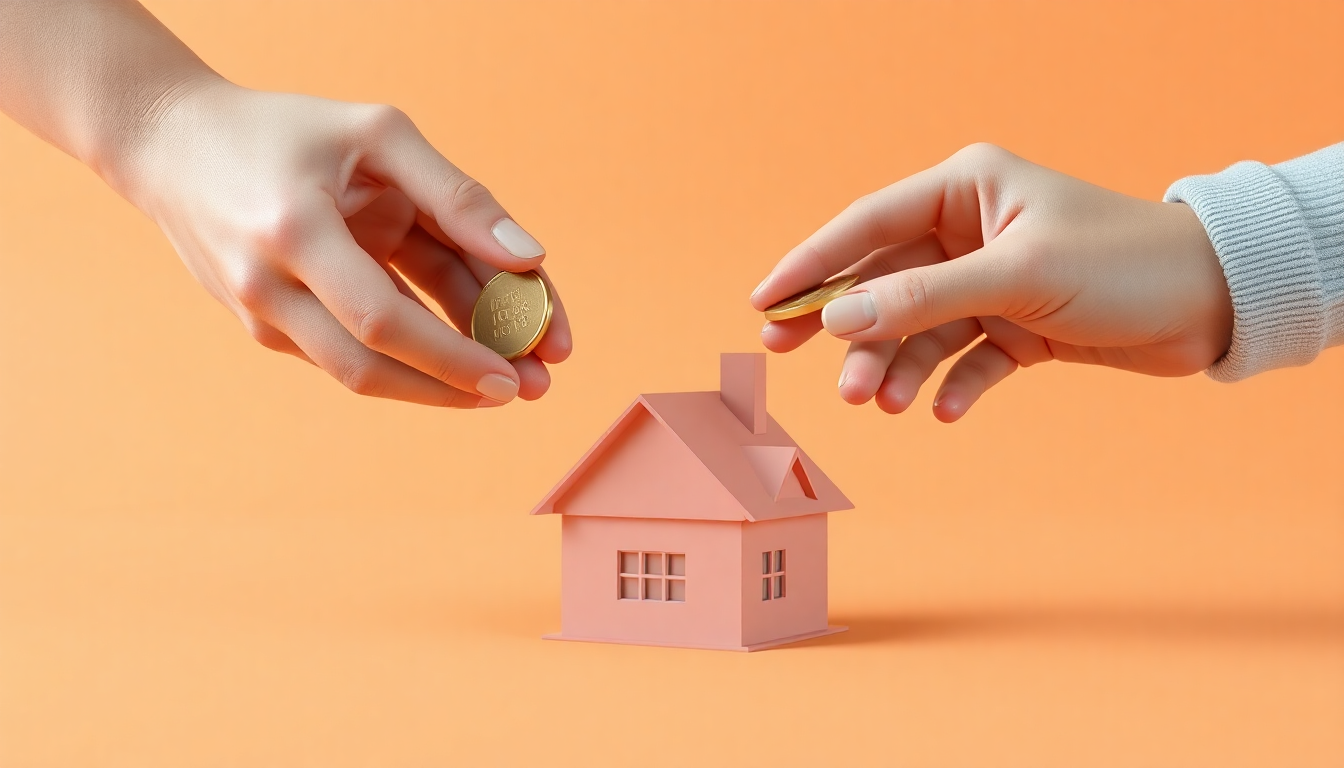 아이 출산 후 납부한 세금 환급을 상징하는 손이 집 모형 위에 동전을 교환하는 3D 이미지