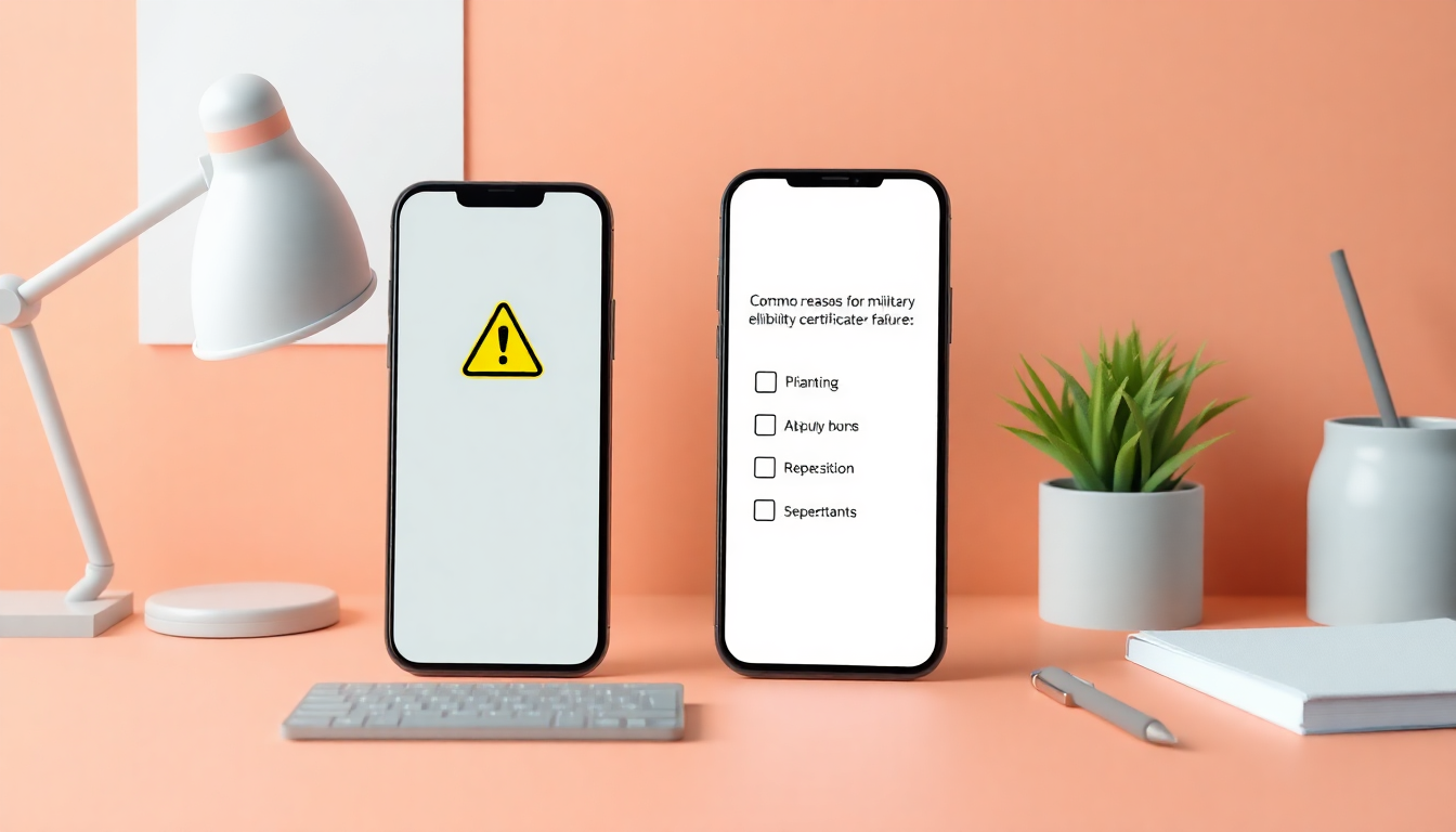 장병 내일 준비 적금 가입 자격 확인서 발급 실패 원인과 해결책 3가지 체크리스트를 경고 아이콘과 체크박스로 상징화한 현대적인 책상 위 스마트폰 부드러운 3D 클레이 장면 이미지