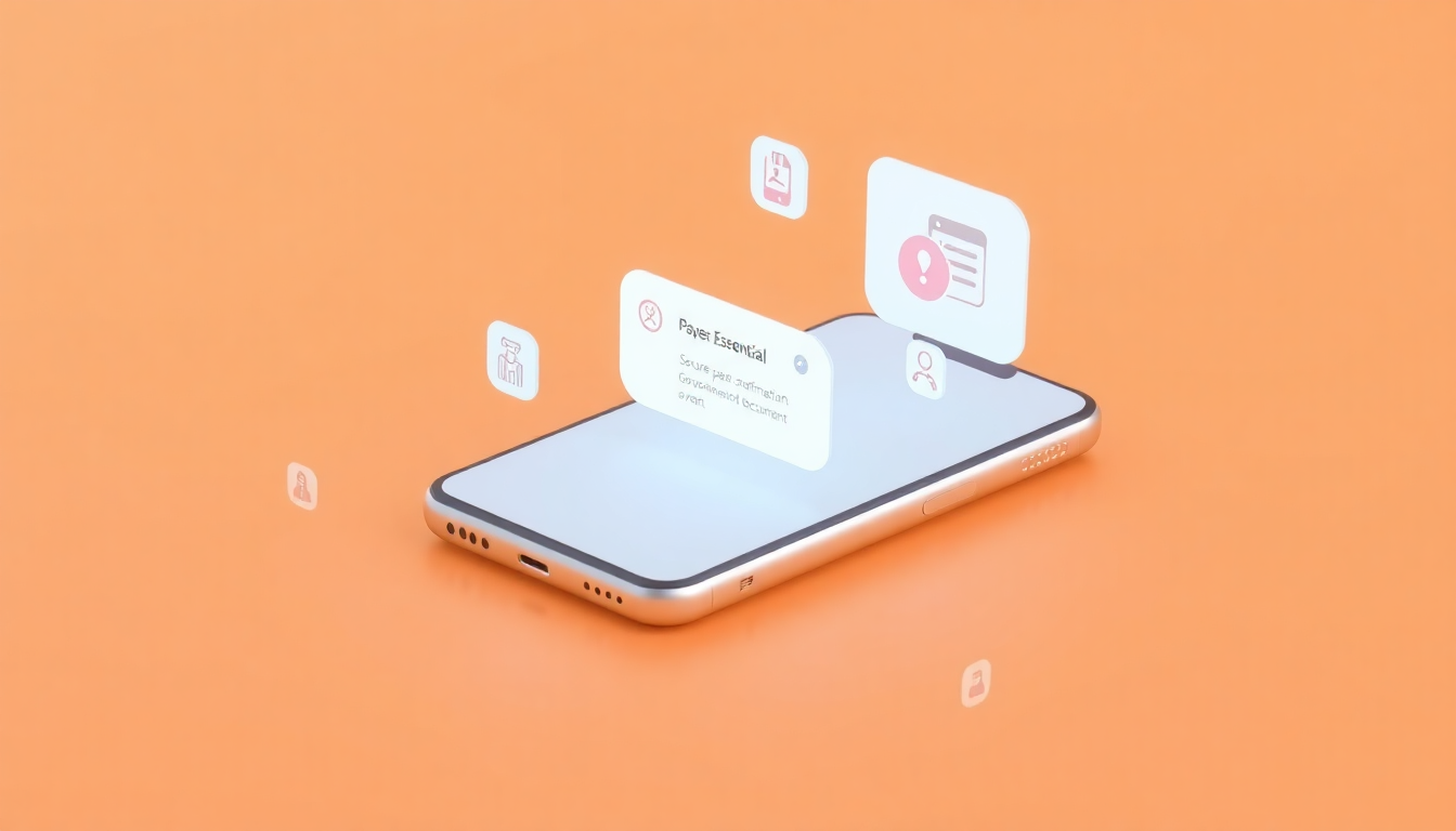 금융 본인인증, 공공기관 문서 발급, 이벤트 알림 등의 필수 팝업 아이콘들이 스마트폰 위에 홀로그램처럼 떠 있는 모습을 부드러운 3D 매트 플라스틱 질감과 주황색 파스텔 배경으로 표현