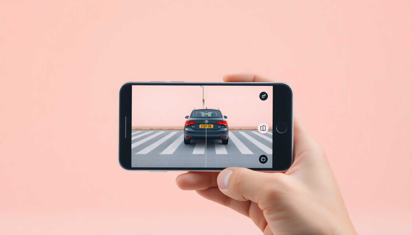 불법 주차 신고를 위해 안전신문고 앱으로 1분 간격으로 사진을 촬영하는 스마트폰과 손을 부각한 현대적인 3D 렌더링 이미지.