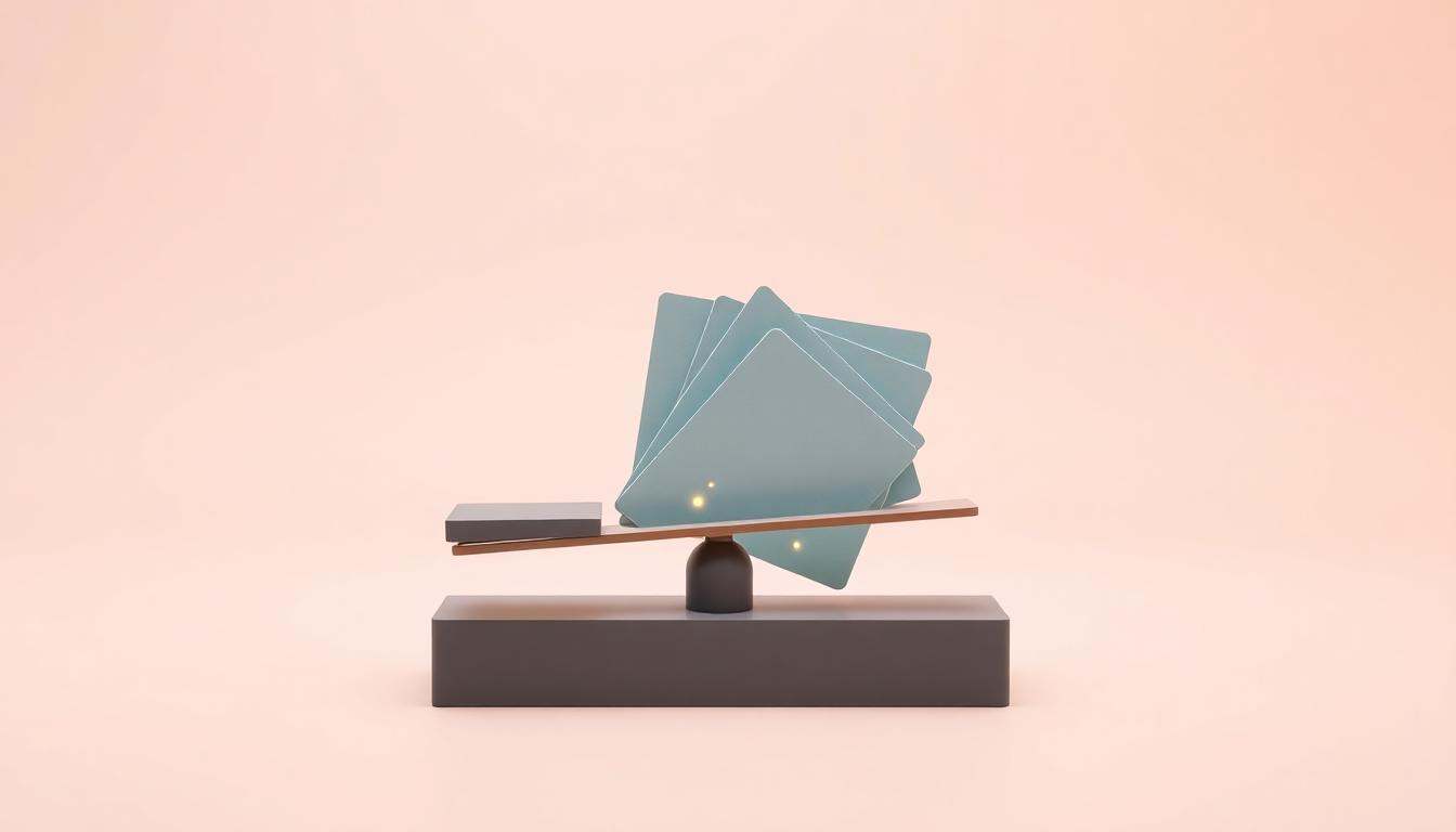 문화누리카드와 전남청년 문화복지카드 간 중복 수급 및 지원금 차이를 은유적으로 표현한 균형 잡힌 저울의 3D 매트 플라스틱 렌더링