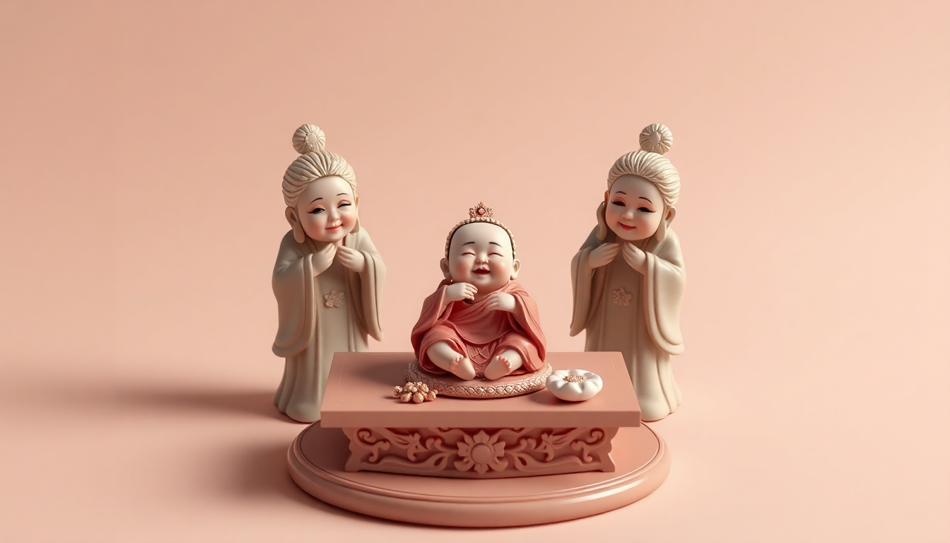 아기를 지키고 돌보는 세 신을 상징하는 피규어들과 전통 삼신상 차림이 부드러운 3D 렌더링으로 표현된 장면