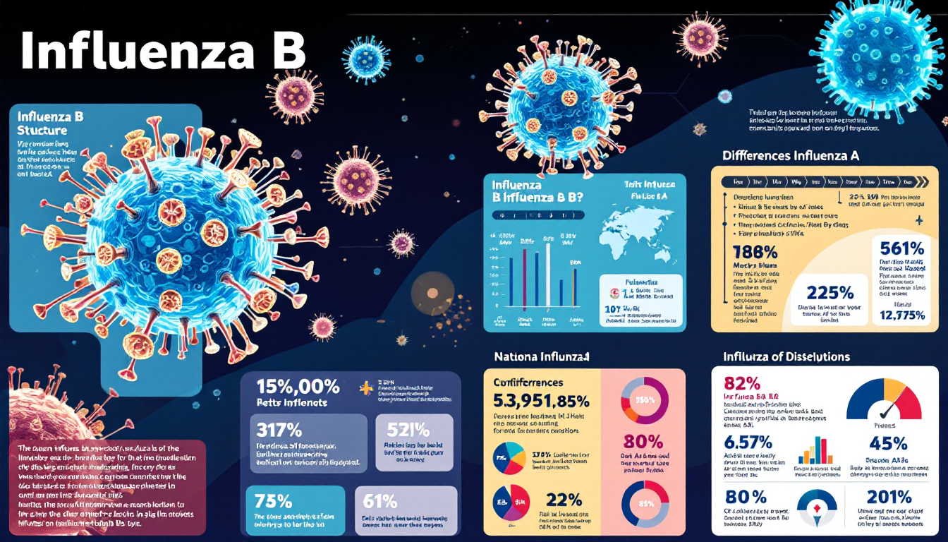 B형 인플루엔자 바이러스의 구조와 A형과의 차이점을 보여주는 의학 정보 그래픽