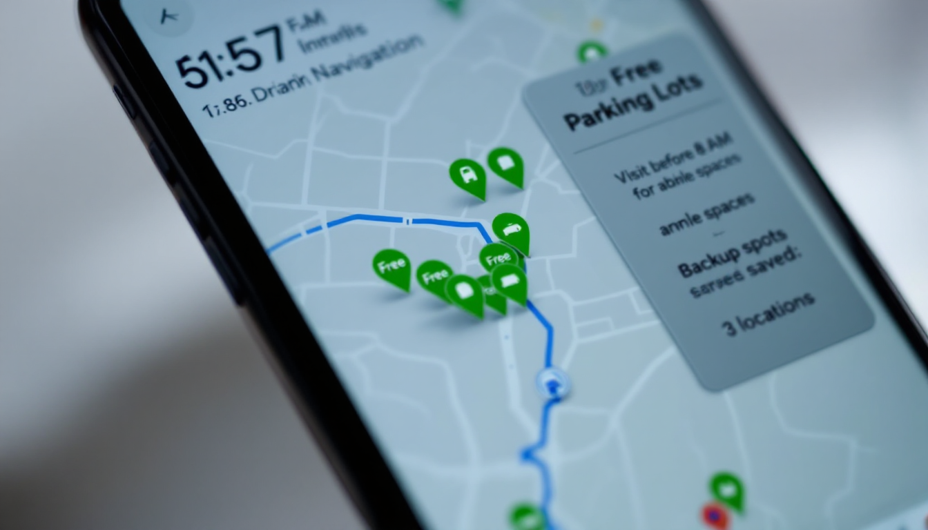 실시간 주차 정보 앱을 활용해 주변 무료주차장을 찾는 모습