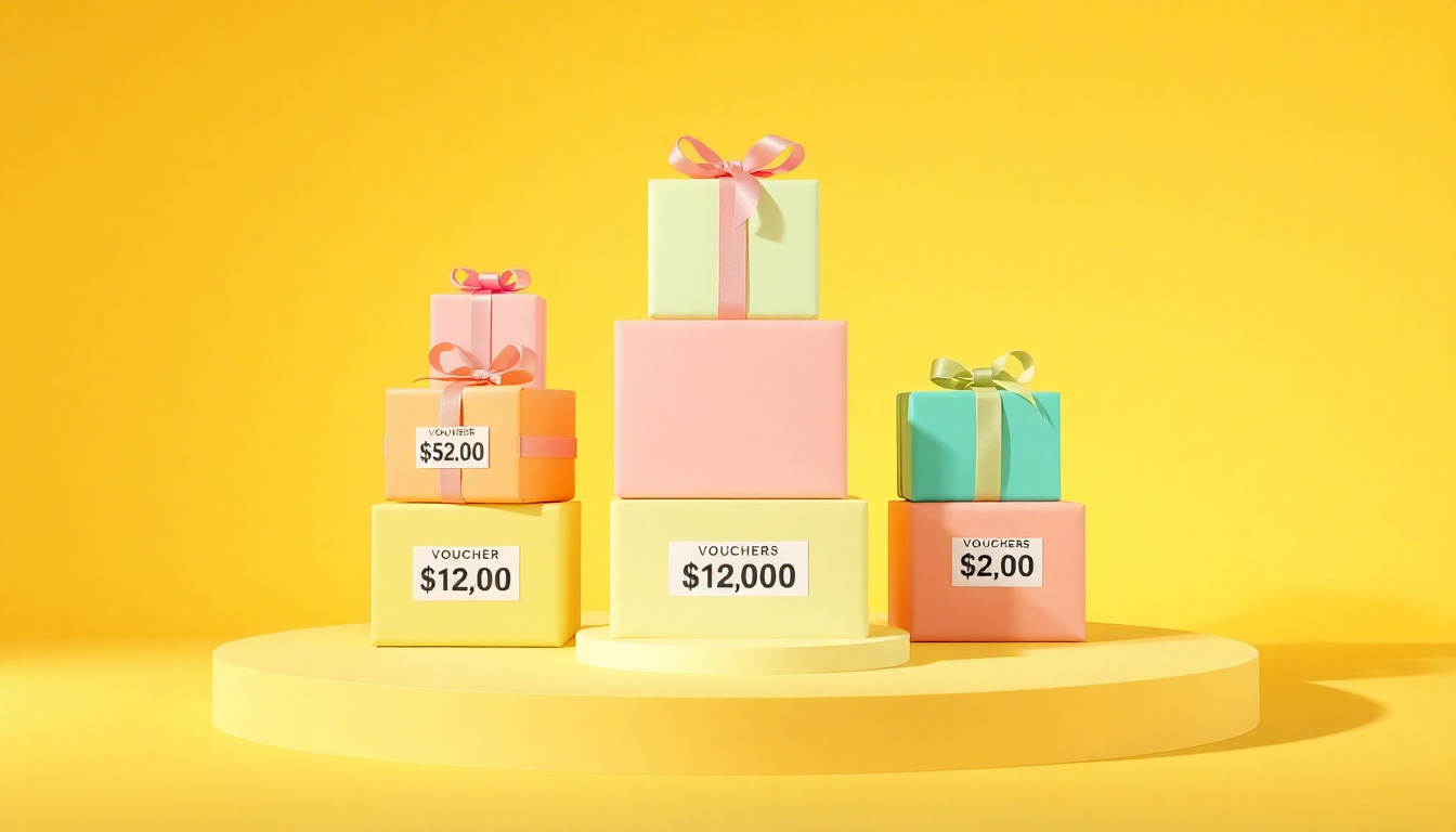 명절지원금 종류별 금액을 시각화한 3D 디자인, 다양한 크기와 색상의 선물 상자가 지원금 종류별로 계층형으로 배치된 모습