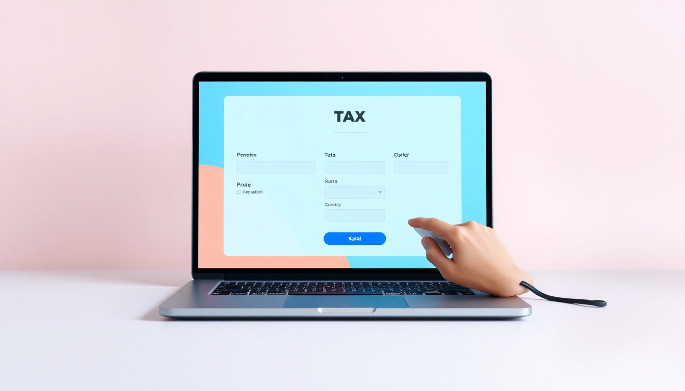 홈택스 신고절차를 메타포로 묘사한 노트북 화면과 마우스를 사용하는 손의 부드러운 3D 렌더링