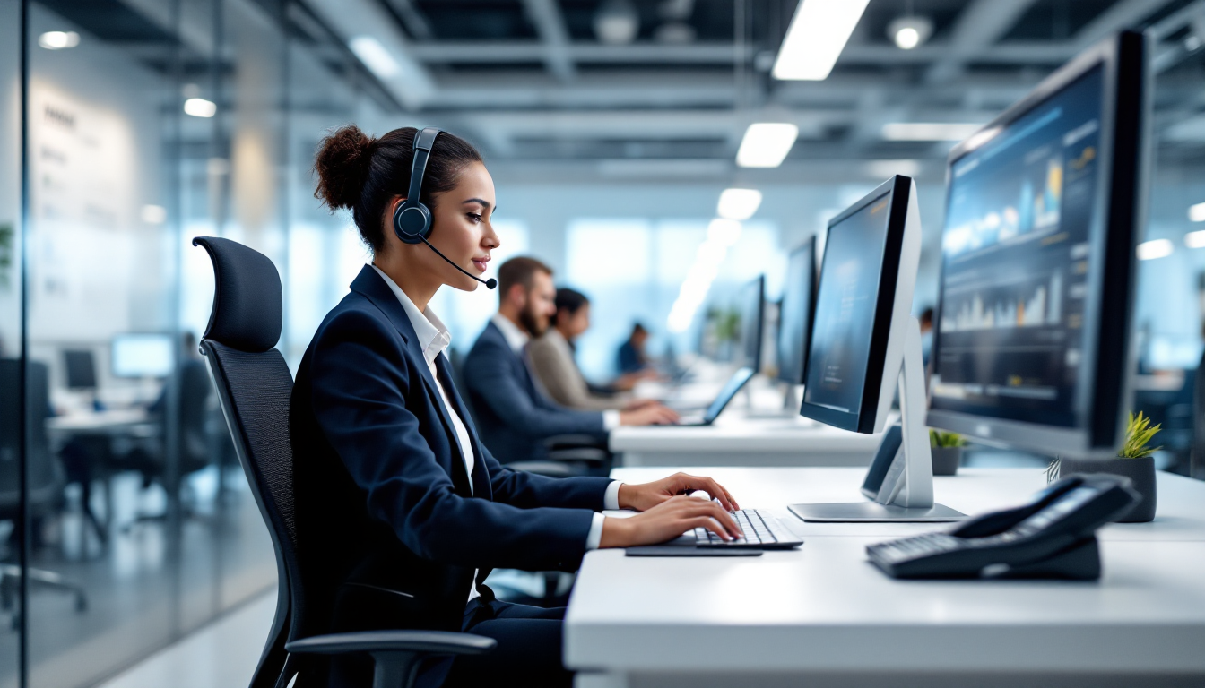 통화 내역 문의를 위한 고객센터 상담사가 고객을 돕는 모습