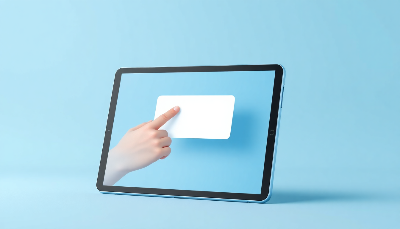 삼성 갤럭시탭에서 팝업 차단 해제를 위해 손가락으로 팝업 허용 스위치를 켜는 장면을 부드러운 3D 렌더링과 파스텔톤 배경으로 표현