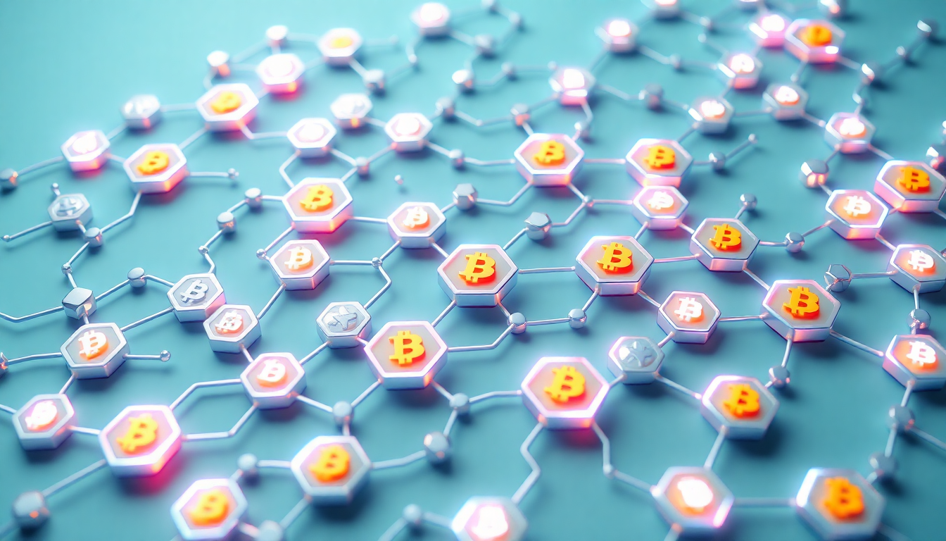 비트코인 작업증명과 블록체인 네트워크를 복잡한 육각형 미로로 형상화한 세련된 3D 렌더링 이미지