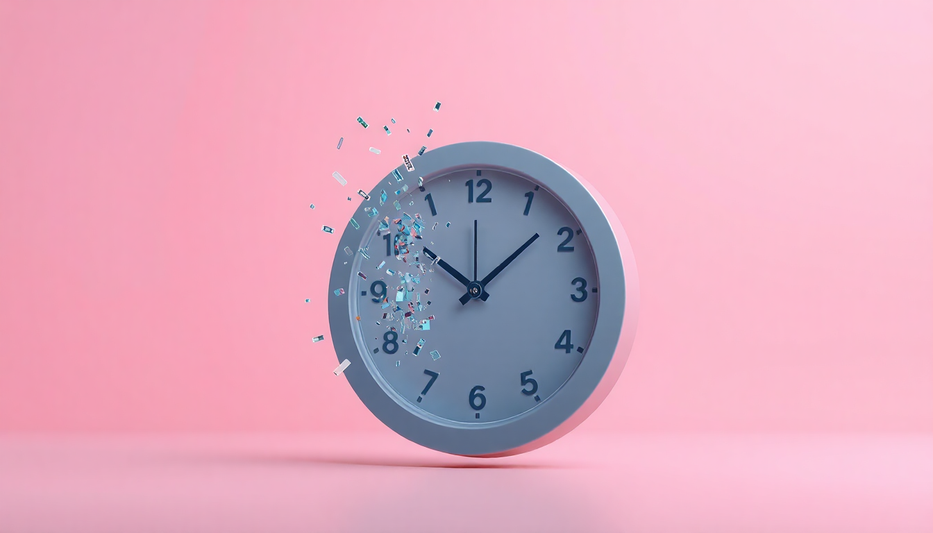 시간이 흐르며 검색 기록이 자동으로 삭제되는 것을 상징하는 디지털 데이터 비트가 공중에서 사라지는 시계의 3D 클레이 스타일 이미지