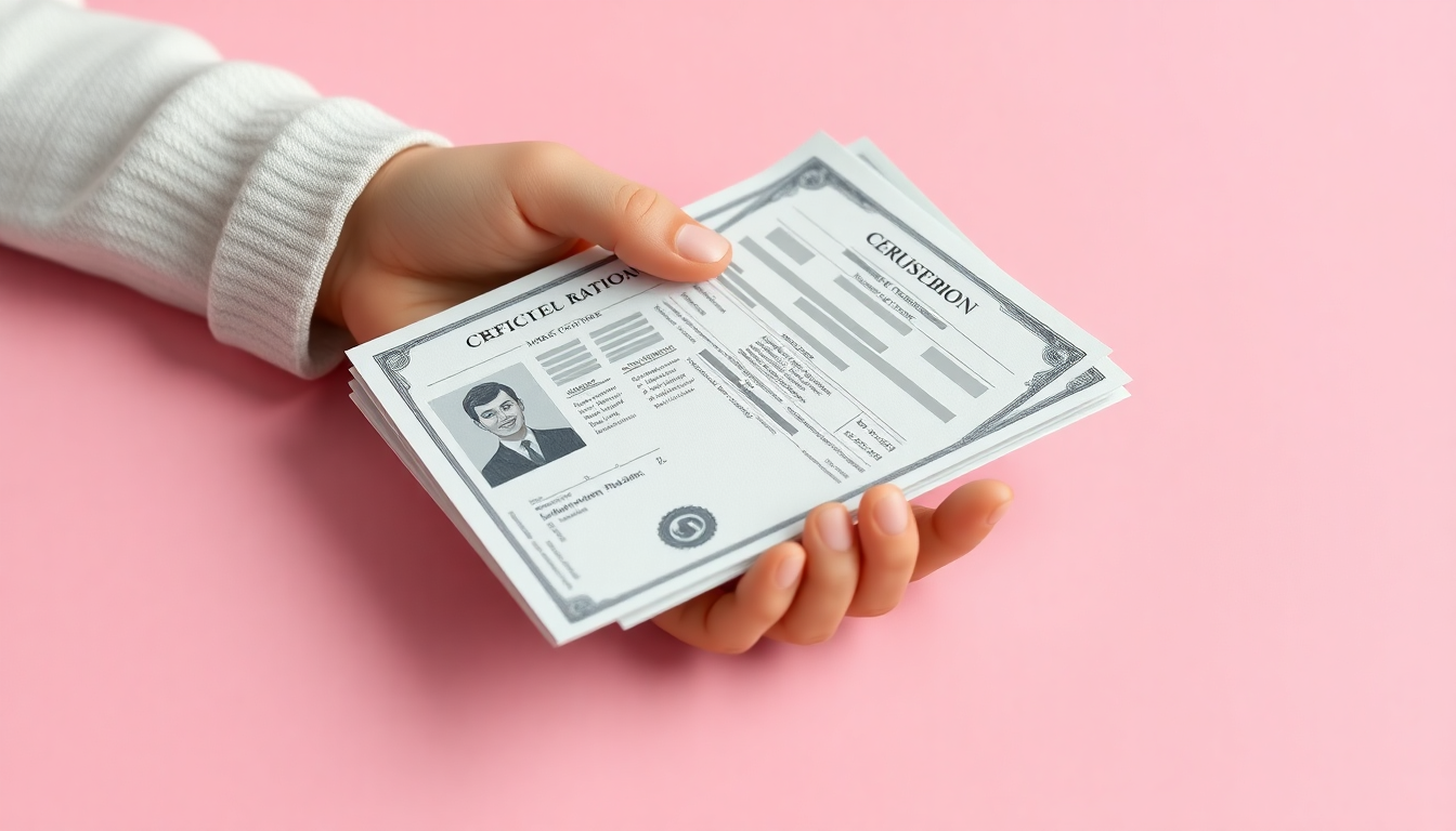 미성년자의 환전을 위한 신분증과 가족 관계 증명서 등 공식 서류가 손에 들려 있는 부드러운 점토 질감의 3D 이미지