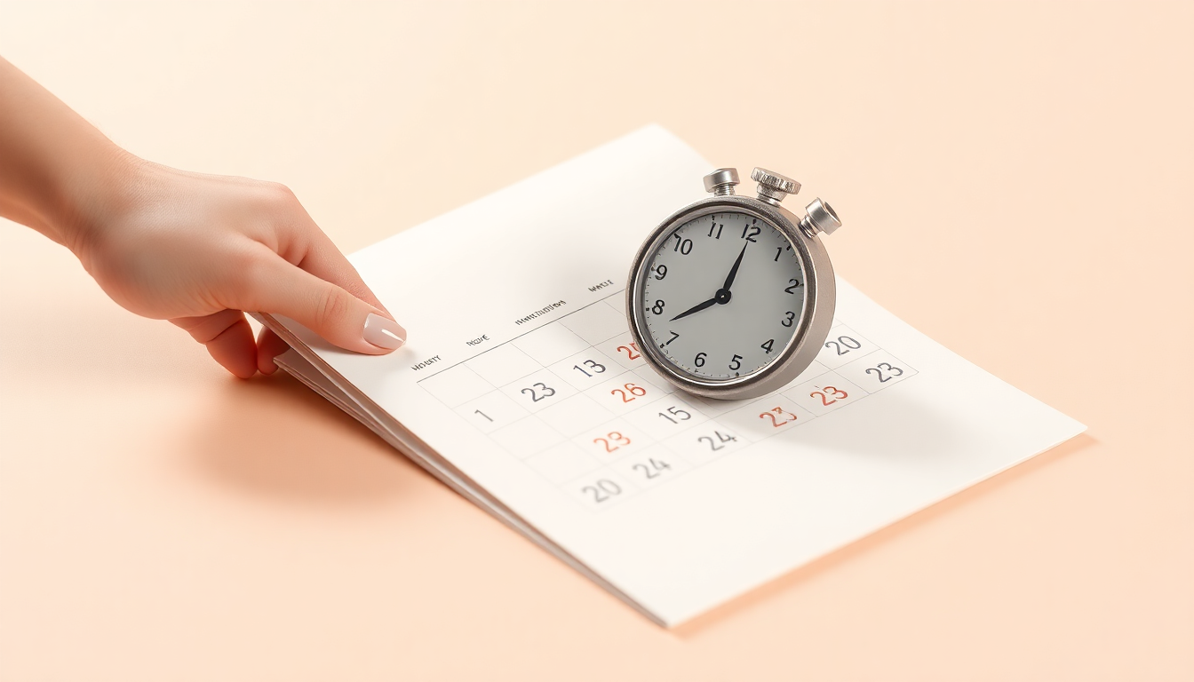 출생신고 지연으로 인한 과태료 부과 기간을 나타내는 달력과 스톱워치 장면