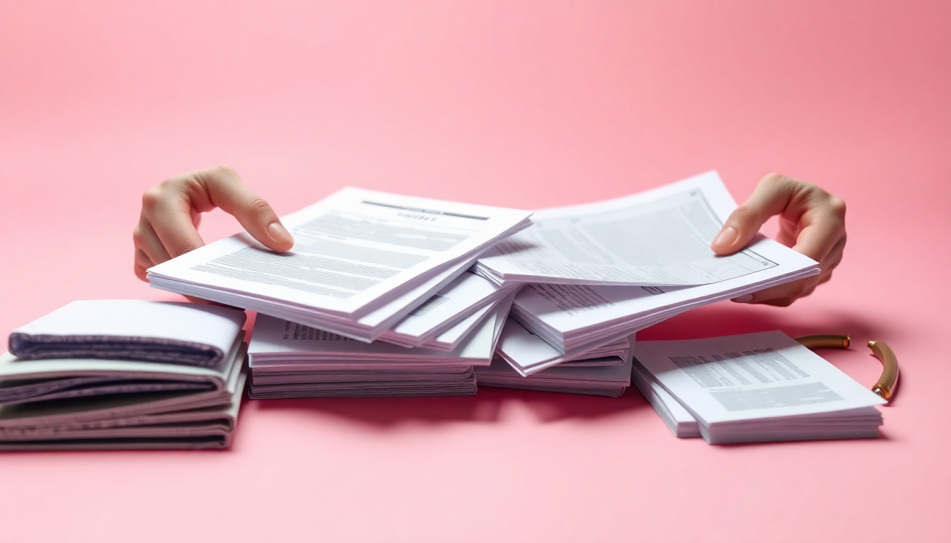 징용 피해 신고 신청을 위해 서류를 준비하고 정리하는 과정을 묘사한 손과 서류의 부드러운 3D 렌더링