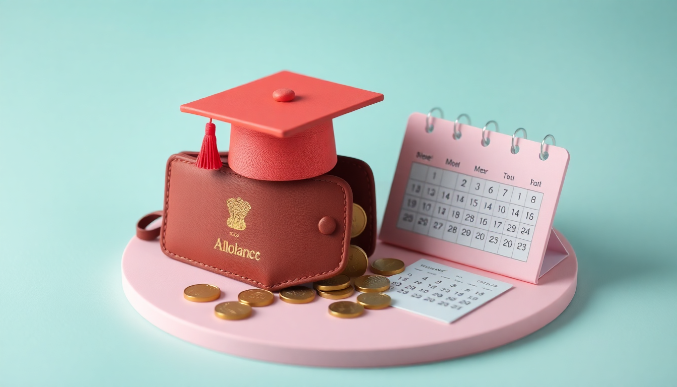 국비지원 훈련장려금을 뜻하는 졸업 모자와 열린 지갑에서 동전이 흘러나오는 모습을 묘사한 부드러운 3D 클레이 이미지