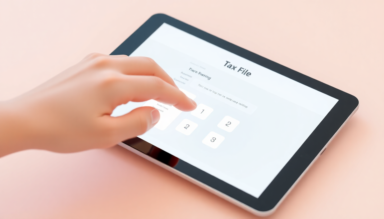 단계별 신고 가이드를 나타내는 디지털 세금 신고 인터페이스를 조작하는 손 모형의 장면