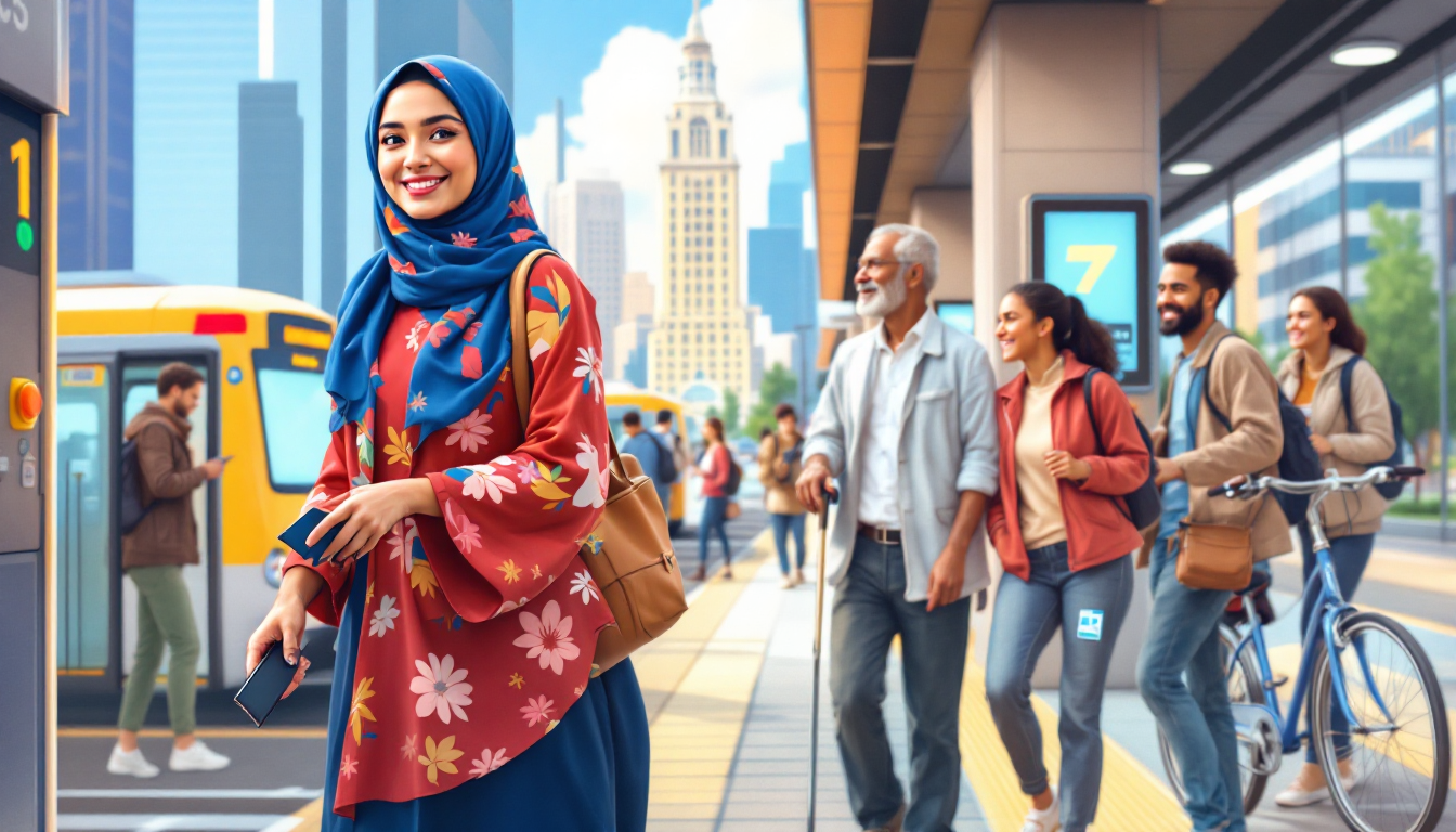 모두의 카드 K패스를 사용해 대중교통비를 절약하는 다양한 사람들의 모습과 도시 풍경