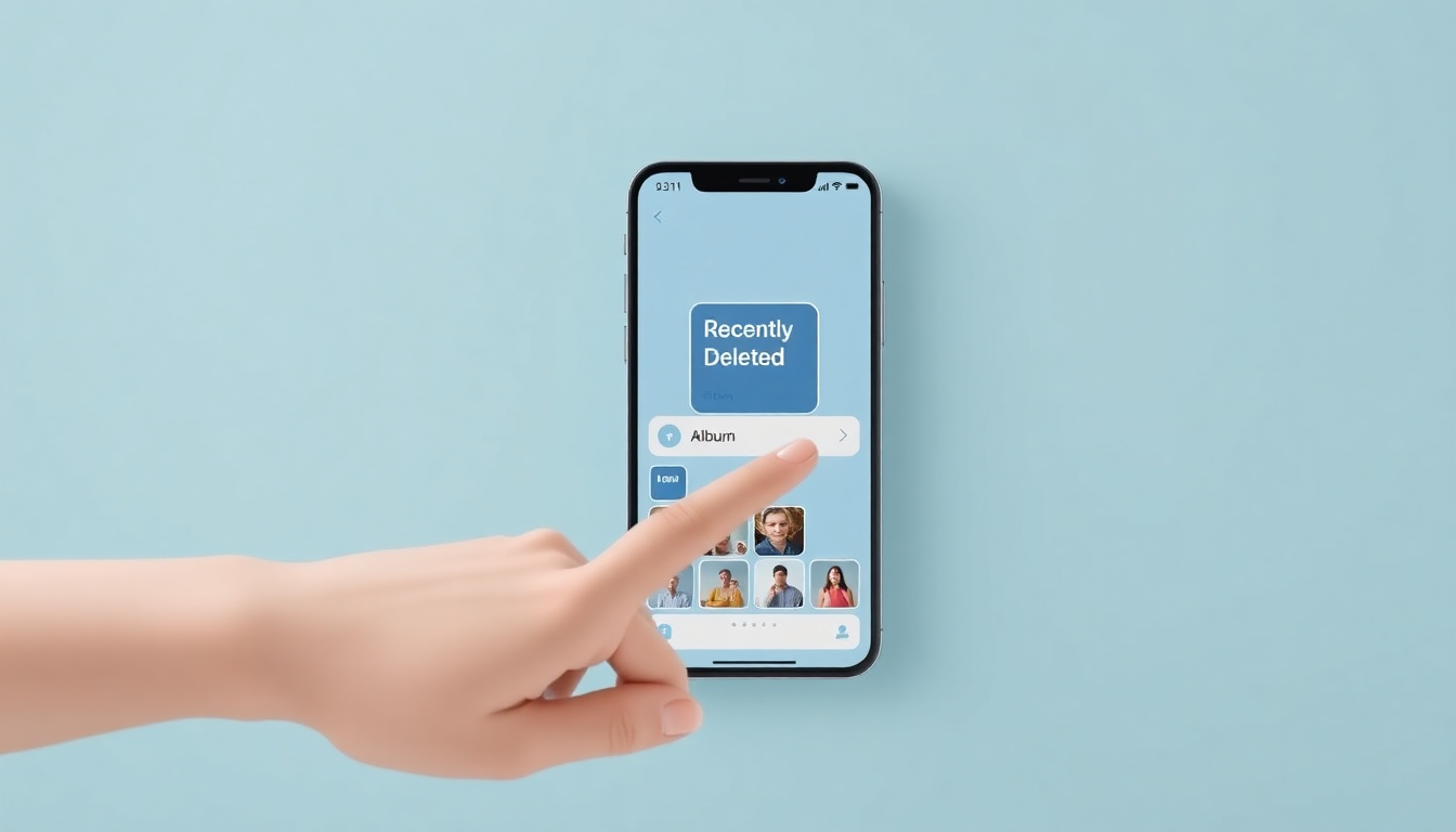 아이폰 사진첩에서 '최근 삭제된 항목' 앨범을 확인하는 장면, 손이 스마트폰 화면의 해당 앨범을 터치하는 모습