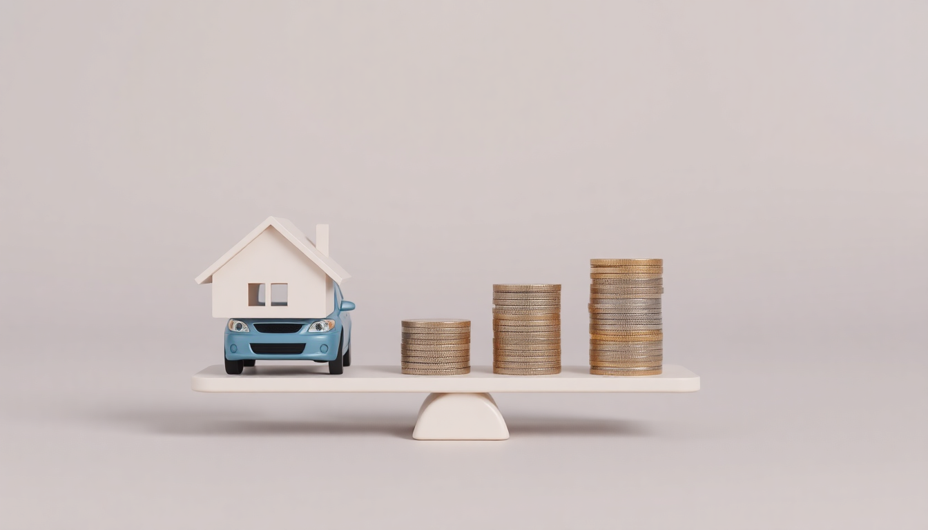 기초연금 수급 기준인 소득 및 재산 커트라인을 나타내는 집, 자동차, 동전 더미를 스케일 모델로 표현한 부드러운 3D 렌더링
