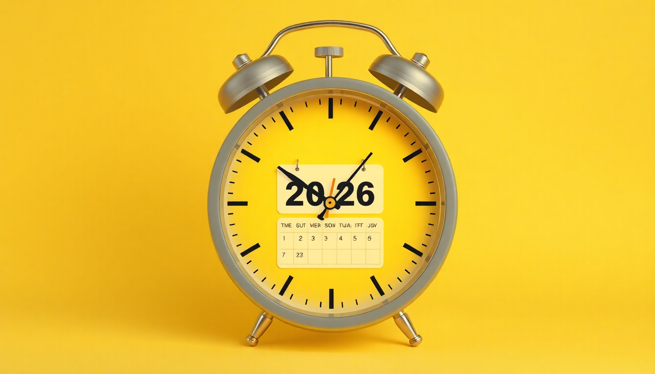 빠르게 움직이는 시계 바늘과 중요 마감 기한이 표시된 달력으로 2026년 연말정산 신고 기간의 긴박함과 한정된 시간을 상징하는 부드러운 3D 매트 플라스틱 질감 이미지