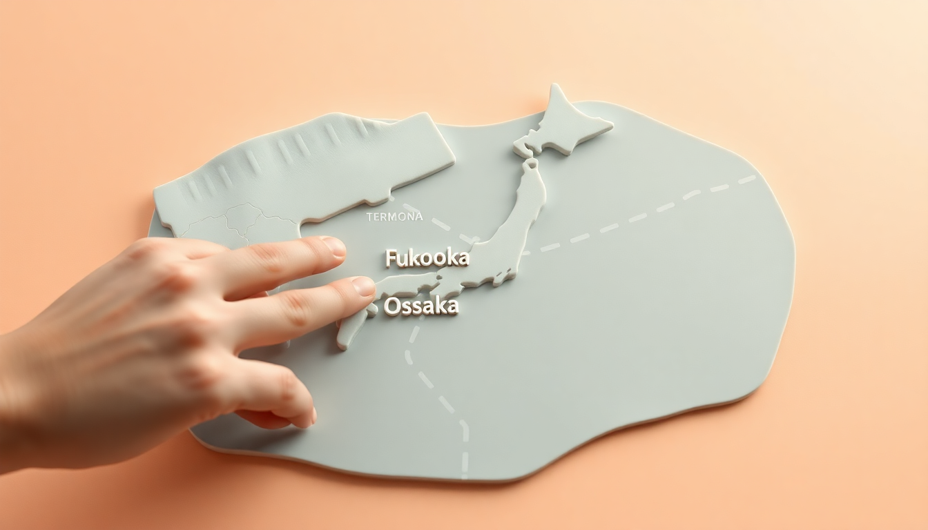 후쿠오카, 오사카, 도쿄 공항 터미널 지도를 부드러운 클레이 질감으로 표현하고 손이 지도를 가리키는 모습의 3D 이미지