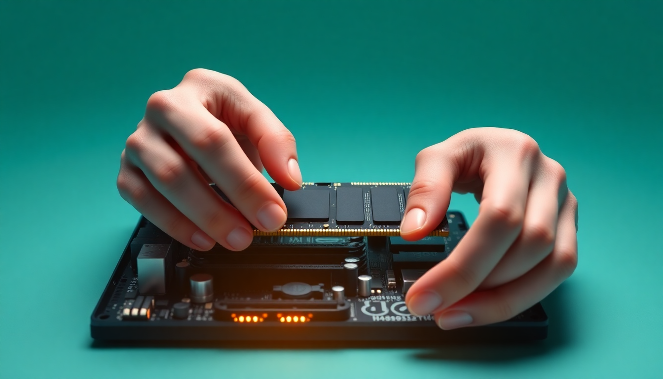 메인보드 정보 확인 후 RAM 추가 설치를 준비하는 손이 RAM 모듈을 메인보드에 섬세하게 꽂는 장면의 부드러운 3D 이미지