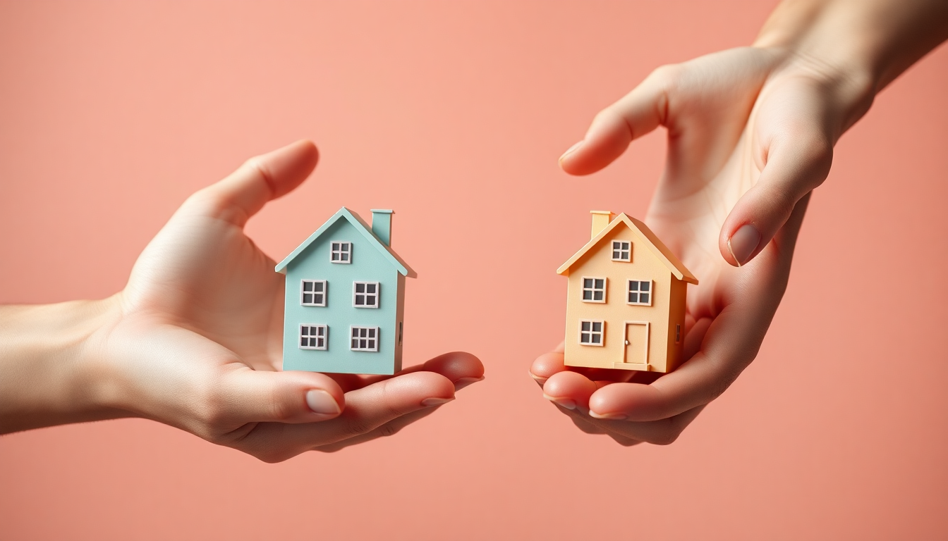 부부 합산 및 공동명의 기준을 주제로, 부부 각각 다른 집을 손에 들고 있는 3D 렌더링 장면
