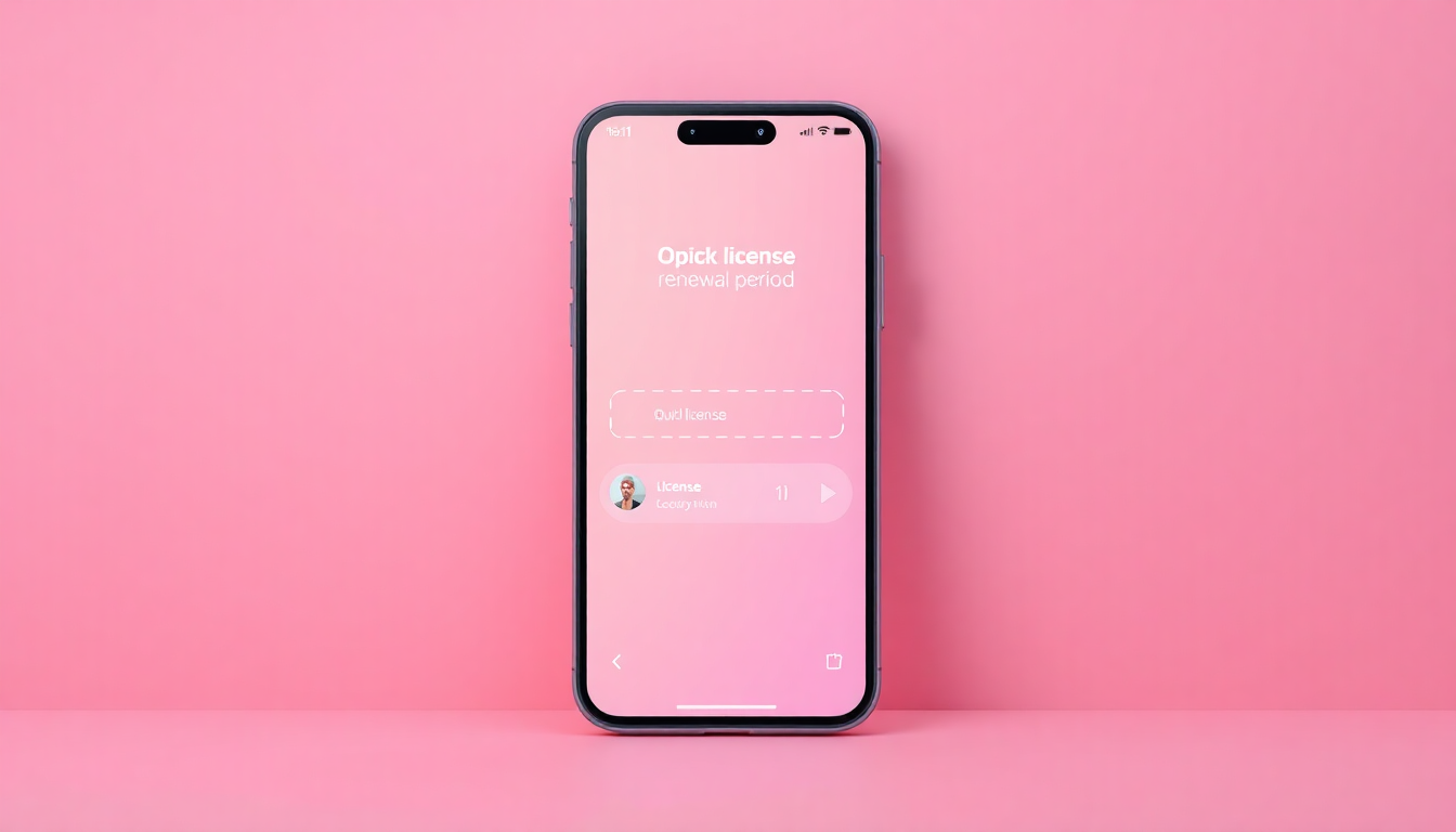 스마트폰 앱 화면을 통해 운전면허 갱신 기간 조회를 상징하는 현대적이고 미니멀한 3D 매트 플라스틱 이미지