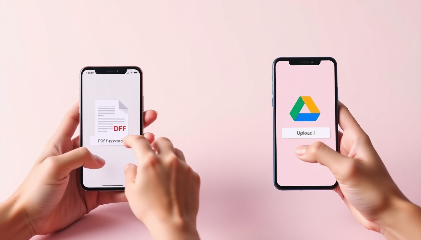 아이폰과 갤럭시 스마트폰에서 각각 프린트 미리보기와 구글 드라이브 업로드를 통해 PDF 비밀번호를 해제하는 과정을 부드러운 3D 클레이 질감의 손과 함께 표현한 이미지